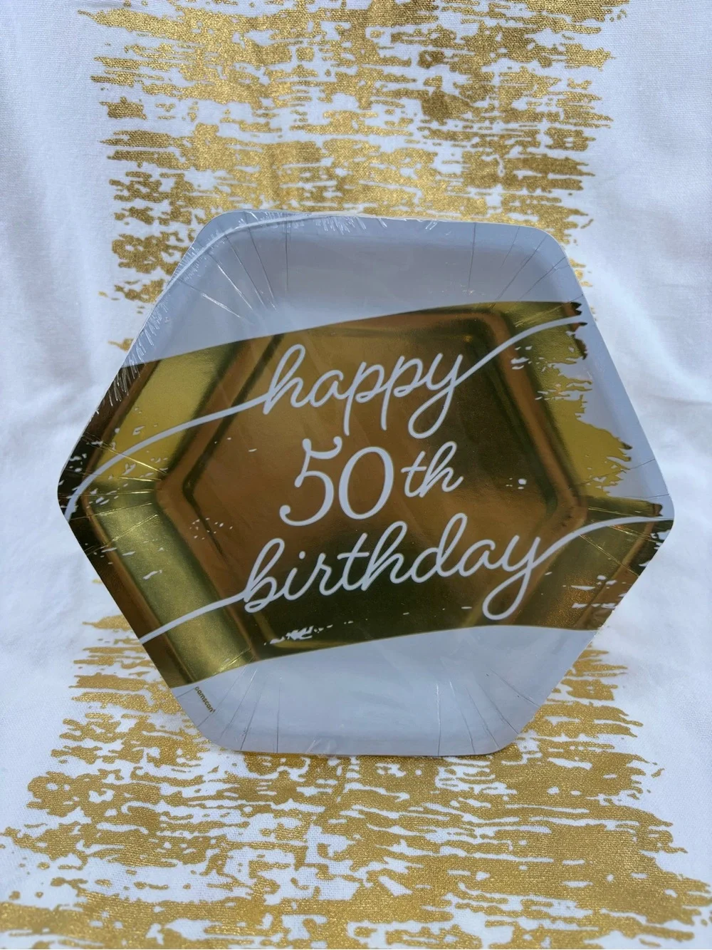 Amscan Gold and White Hexagon 48 Happy 50th Birthday Paper Plates
